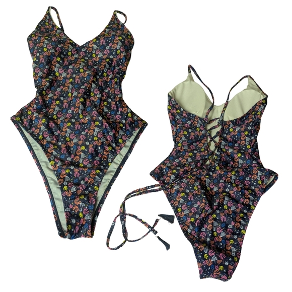 Highcut Lace Up One Piece (Tassel Tie Ends) Navy JellyFish "BirdFeet" Print NWOT - Picture 3 of 9